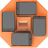 An orange octagonal electronic device with four dark gray rectangular panels arranged around a central orange module, shown from a top-down view on a white background.