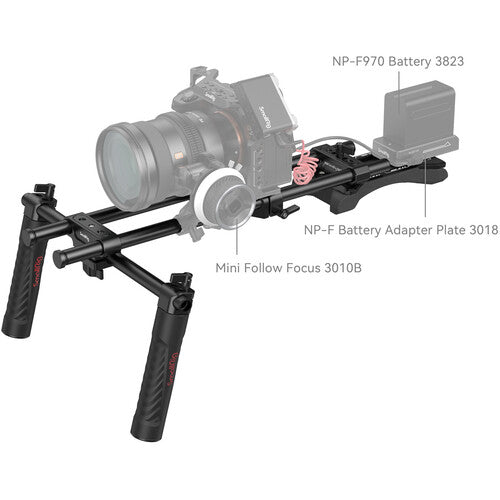 Camera rig with labeled components on a white background