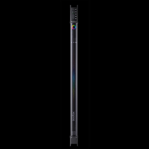 Long, thin electronic device with colorful display on a black background