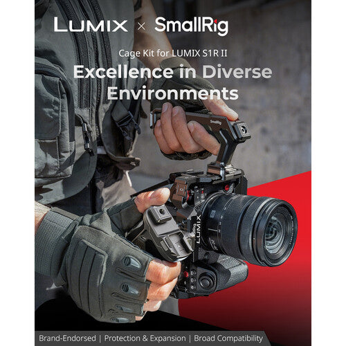 Person holding a camera with LUMIX and SmallRig branding, emphasizing product features.