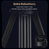 Close-up of a tripod leg section with overlaid marketing text reading 'Extra Robustness' and 'Carbon fiber 16.0mm / 0.