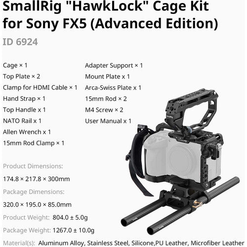 Product information graphic for the SmallRig 'HawkLock' Cage Kit for Sony FX5 (Advanced Edition), showing a black cage and tripod mount setup holding a white camera, with text listing included components, dimensions, weight, and material details.
