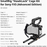 Product information graphic for the SmallRig 'HawkLock' Cage Kit for Sony FX5 (Advanced Edition), showing a black cage and tripod mount setup holding a white camera, with text listing included components, dimensions, weight, and material details.