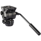 A black camera fluid tripod head with a long handwheel handle, shown on a solid white background.