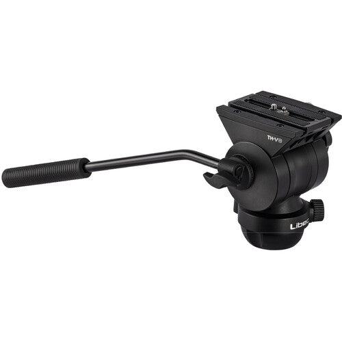 A black THV8 tripod head with a handle grip, shown from a three-quarters perspective on a solid white background.