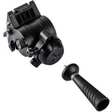 Black camera tripod head with an attached thumb wheel handle, shown on a clean white background.