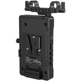 Black camera battery plate with multiple ports on a white background