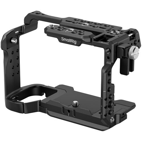 A black SmallRig camera rig cage with a silver knurled adjustment knob, shown on a solid white background.