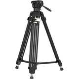 Black camera tripod on a white background