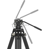 Black video camera tripod with pan and tilt head on a white background