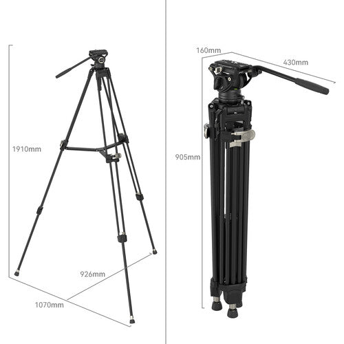 Camera tripod with measurement details on a white background