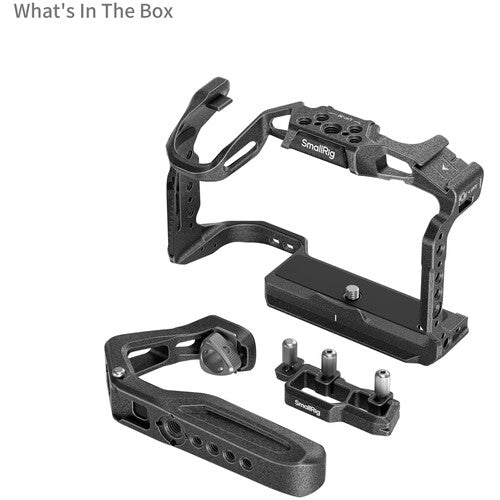 Black metal camera handle grip extension kit shown in multiple components on a white background, with the text 'What's In The Box' in the top left corner. The brand 'SmallRig' is visible on two of the pieces.