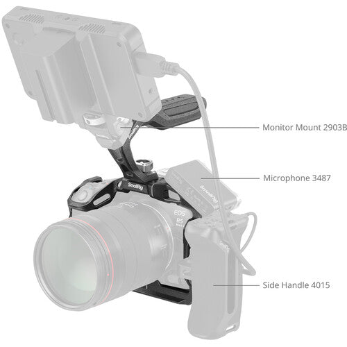 Camera with monitor mount, microphone, and side handle on a white background
