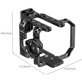 Black camera rig cage with dimension annotations showing 146.3mm height, 173.