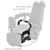 A monochrome technical diagram showing a camera handle rig with labeled callouts: Monitor Mounts 4886, Top Handle 5632, V-Mount Battery 3580B, and a small brand mark near the top that appears to read IJIX.
