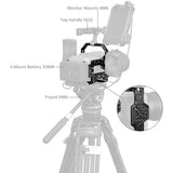 A grayscale technical diagram showing a camera rig on a tripod with labeled parts and an inset close-up. Text labels include Monitor Mounts 4886, Top Handle 5632, V-Mount Battery 35808, Tripod 3989.