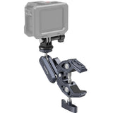 A dark gray and black adjustable camera mount clamp with a quick-release screw mechanism, shown holding a gray action camera against a plain white background.