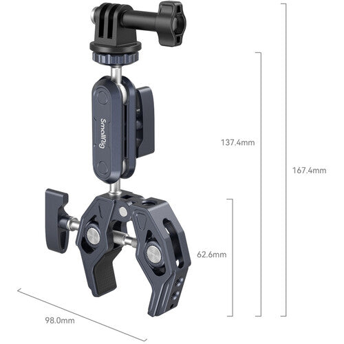 A black and dark gray mounting bracket with a quick-release clamp, a vertical slider, and a top quick-release mount. The image includes dimension lines and text indicating measurements of 98.