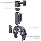 An exploded view diagram of a Smaltog camera mounting accessory, showing labeled parts including an action camera mount, screw, threaded holes, and locatin hole on a white background.