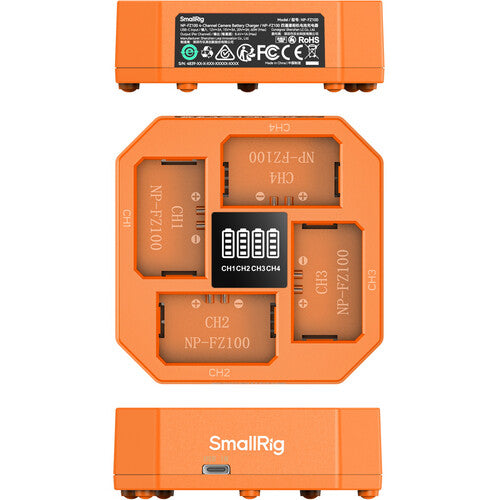 Orange battery charger with multiple slots and 'SmallRig' branding on a white background