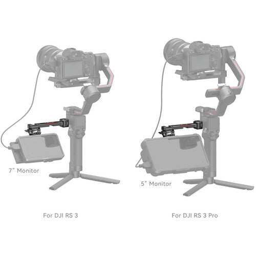 Two gray product renderings on a white background showing a gimbal-mounted camera setup with an attached monitor. The left version is labeled '7" Monitor' and says 'For DJI RS 3'; the right version is labeled '5" Monitor' and says 'For DJI RS 3 Pro'.
