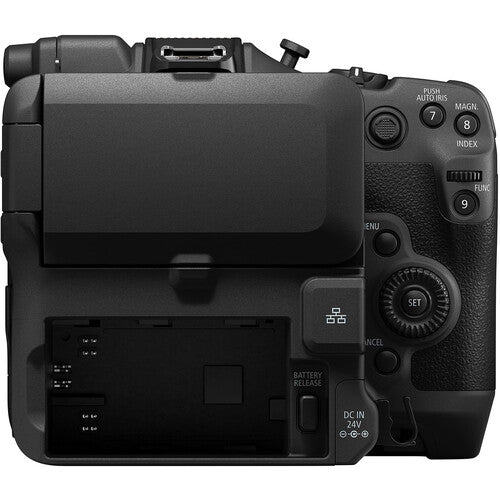 Back view of a black camera body with various control buttons and ports on a white background