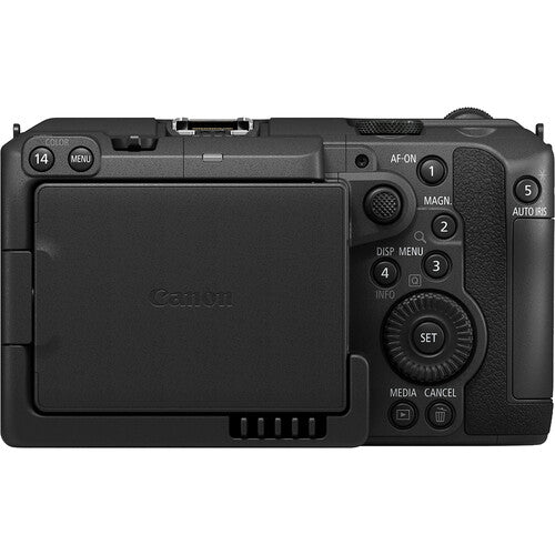 Back view of a Canon camera on a white background