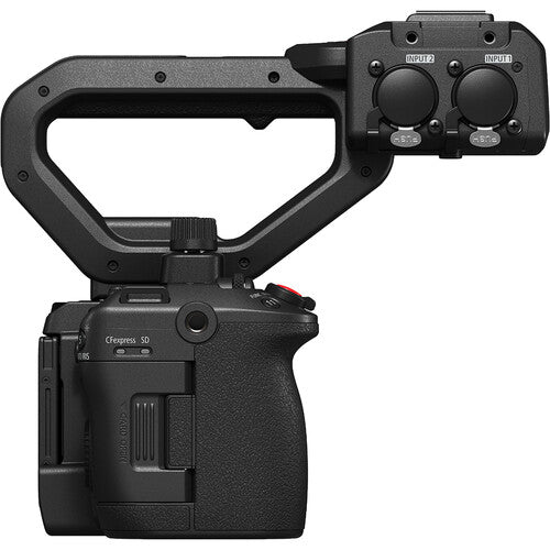 Black camera with handle and control panel on a white background