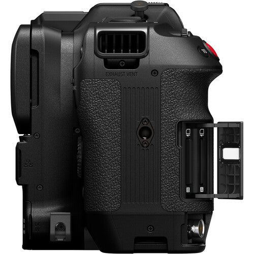 Black camera body with textured grip and open battery compartment on a white background