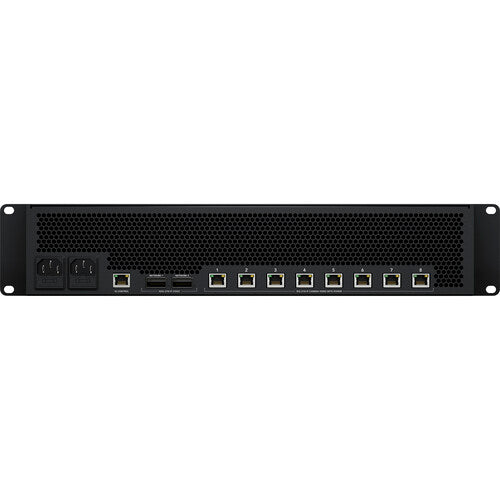 Black network switch with multiple ports on a white background
