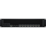 Black network switch with multiple ports on a white background