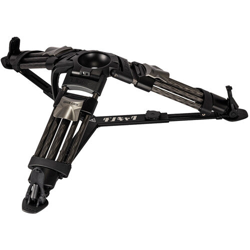A black and silver tripod leg assembly with multiple carbon fiber tubes, metal joints, and adjustment knobs, isolated on a white background.