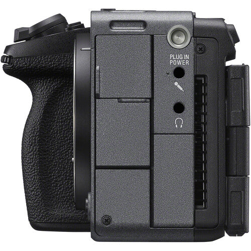Close-up of the side and back of a black camera body with grip, power plug-in ports, and connector details on a white background.