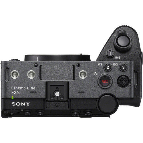 Sony Cinema Line FX5 mirrorless camera body shown from a top-down view, featuring a dark gray textured grip, black controls, and white branding on a clean white background.