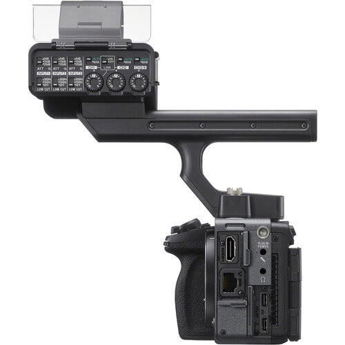 A black camera monitor mount and viewfinder extension shown from two angles on a white background: one front view with control dials and a clear lens protector, and one side view showing the mount attached to the back of a camera body.