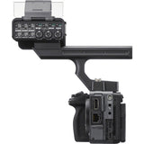 A black camera monitor mount and viewfinder extension shown from two angles on a white background: one front view with control dials and a clear lens protector, and one side view showing the mount attached to the back of a camera body.
