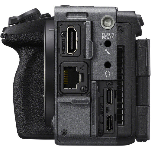 Close-up of the rear and side ports of a black DSLR camera body, showing HDMI, Ethernet, USB-C, and USB 3.0 connectors on a white background.