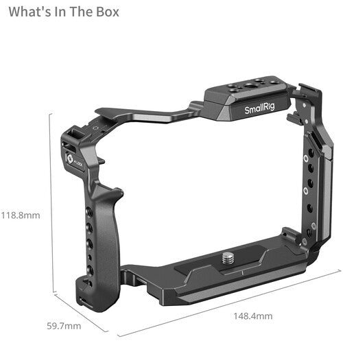 Camera cage with 'SmallRig' branding and dimensions on a white background