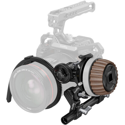 Camera lens and housing with various attachments on a white background