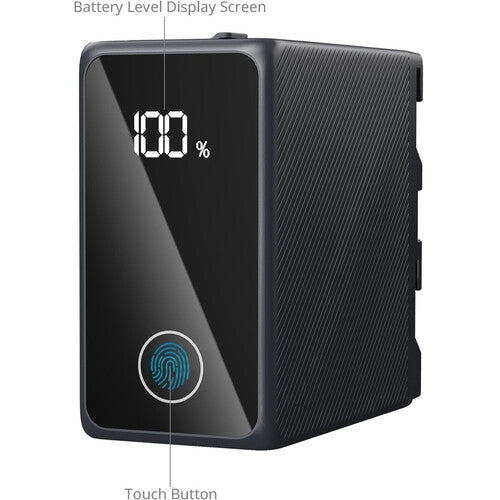 A black rectangular electronic device with a glossy front display showing '100%' and a blue fingerprint icon, labeled with 'Battery Level Display Screen' and 'Touch Button' callouts on a white background.