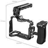 Camera cage with handle and measurement details on a white background