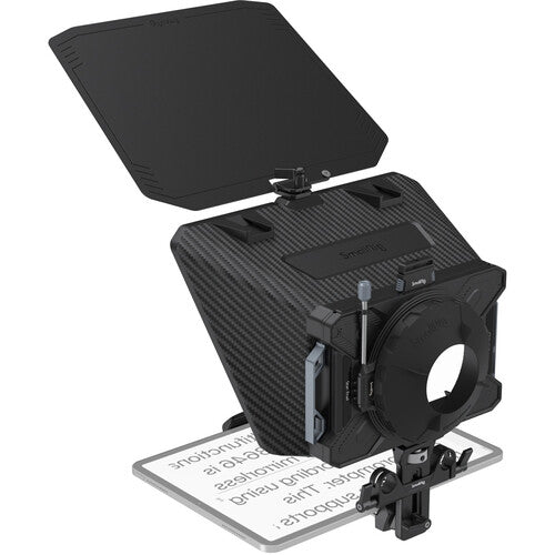 Black camera lens hood with various attachments on a white background
