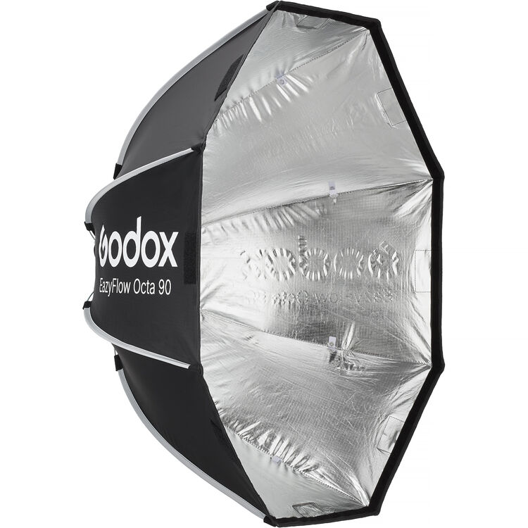 Godox EasyFlow Octa 90 softbox studio light with a black fabric outer canopy and a highly reflective silver interior reflector, shown on a plain white background.