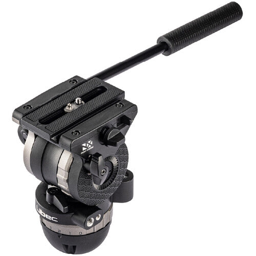 A black and silver fluid head tripod ball head with a horizontal handle, shown on a solid white background.