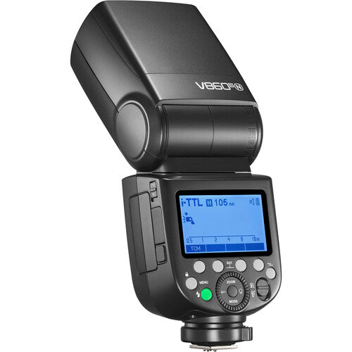 Camera flash with digital display on a white background