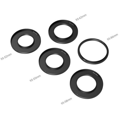 Five black circular filter rings arranged on a white background, each labeled with its corresponding diameter: 95-52mm, 95-55mm, 95-58mm, 95-62mm, and 95-86mm.