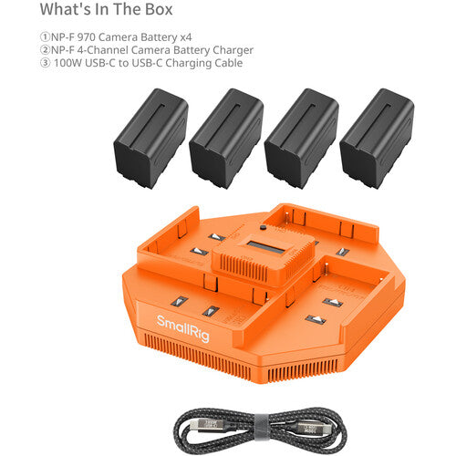 Orange battery charger with four camera batteries and a USB-C cable on a white background