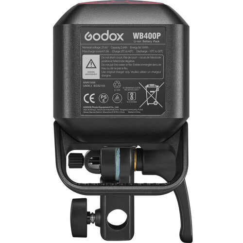 Godox WB400P battery pack with mounting bracket on a white background