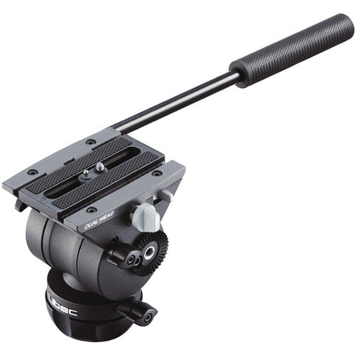 A black Duxmao dual head fluid head camera tripod mount with a long handle and textured grip, shown on a solid white background.