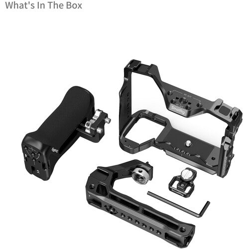 Camera accessories including a handle and mounting brackets on a white background